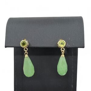 Natural Green Jade and Peridot Dangle Earrings Solid 14k Yellow Gold - NEW